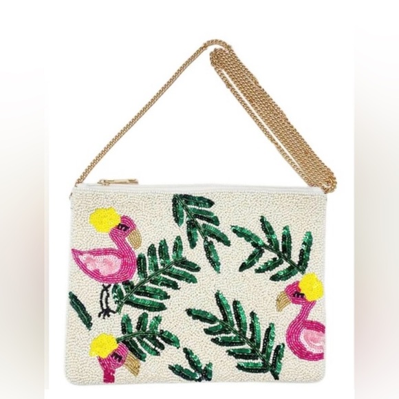 New Treasures Handbags - NEW TREASURES BEADED White with Gold Accents FLAMINGOS PURSE